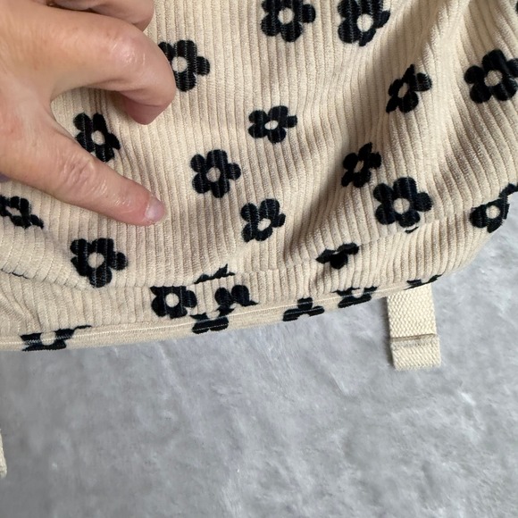 Corduroy Floral Print Backpack Beige Black Cute Kawaii School Bag - Picture 4 of 8